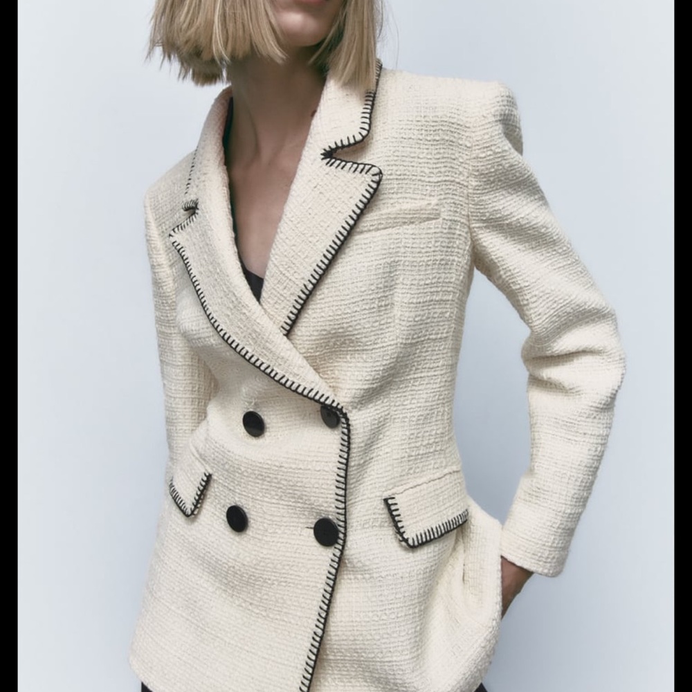 Zara Cream Textured Blazer with Black Trim